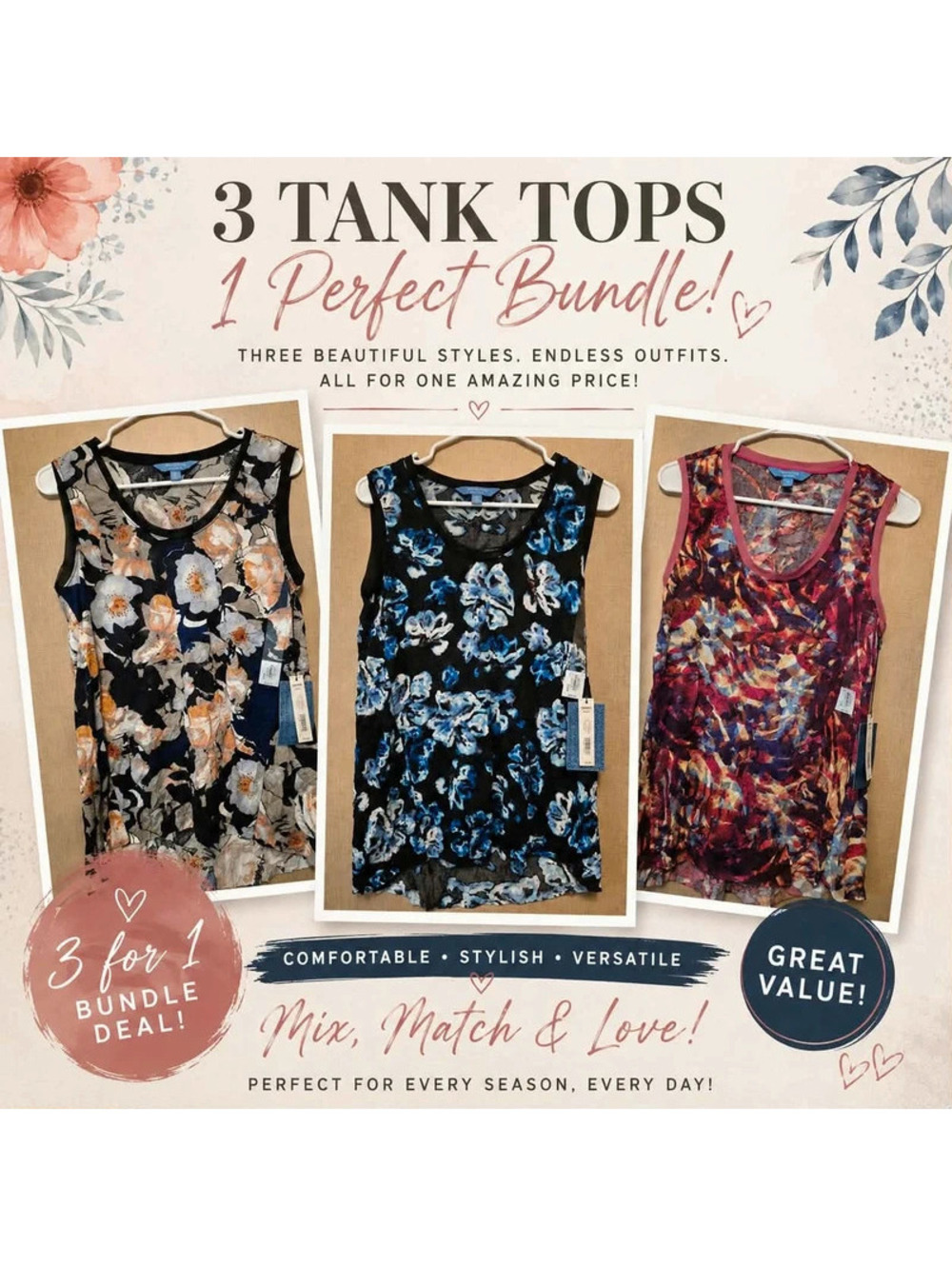 Vera Wang Simply Vera 3-Pack Women's Tank Tops Bundle Size Small Multi-Color New